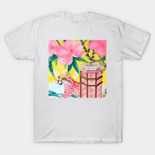 Preppy cheetah, chinoiserie jar and cherry blossom T-Shirt